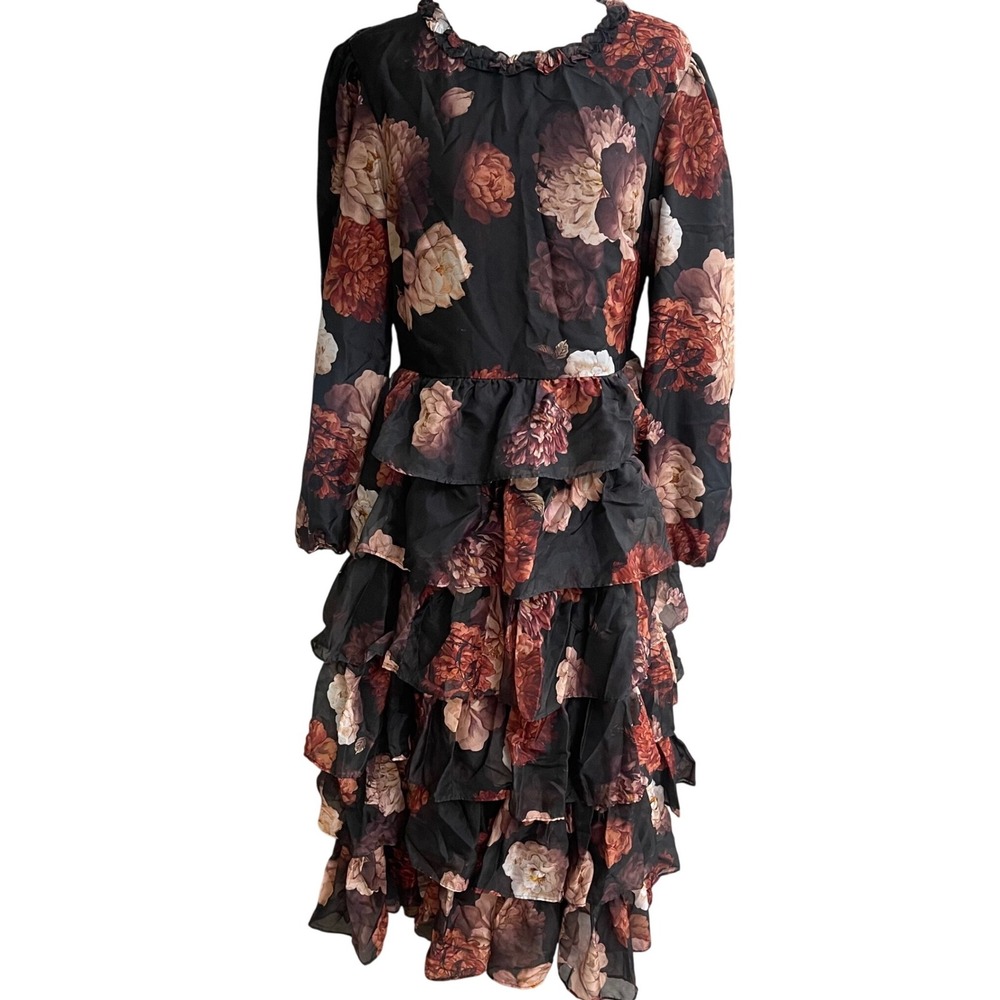 JESSAKAE TIERED FLORAL MIDI DRESS - 1XL EUC Long Sleeve Smocked Back Women